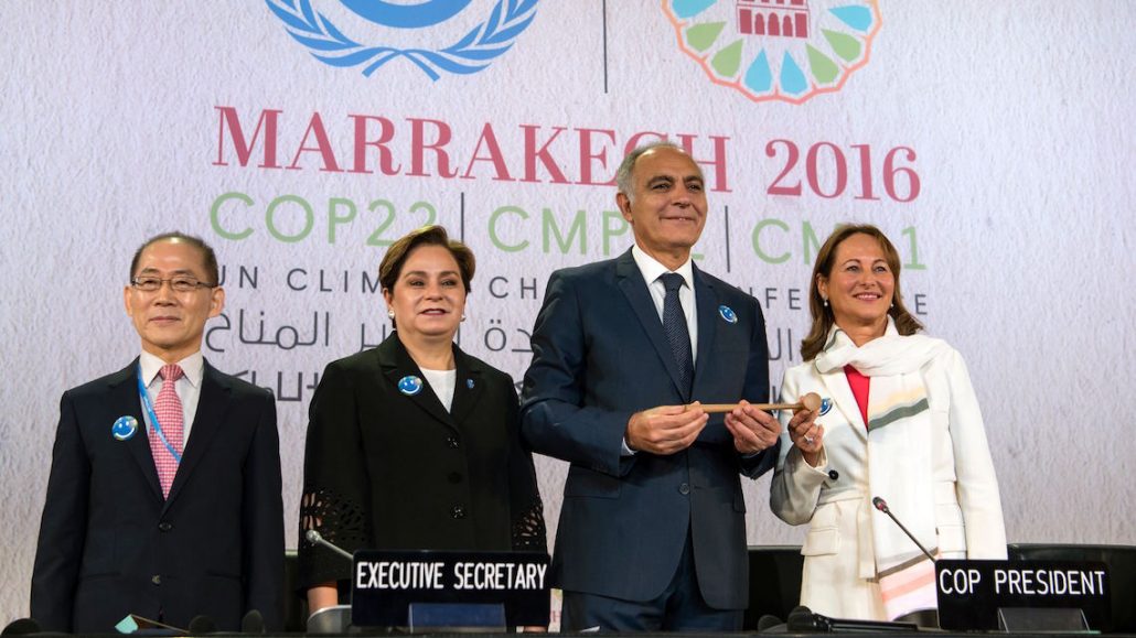 Hoesung Lee (L), chair of the Intergovernmental Panel on Climate Change, UN climate chief Patricia Espinosa (2nd-L), COP22 president Salaheddine Mezouar (C) and French Environment Minister Segolene Royal (R) attend the opening session of the COP22 climate talks in Marrakesh on November 7, 2016. UN talks to implement the landmark Paris climate pact opened in Marrakesh, buoyed by gathering momentum but threatened by the spectre of climate change denier Donald Trump in the White House. / AFP / FADEL SENNA (Photo credit should read FADEL SENNA/AFP/Getty Images)